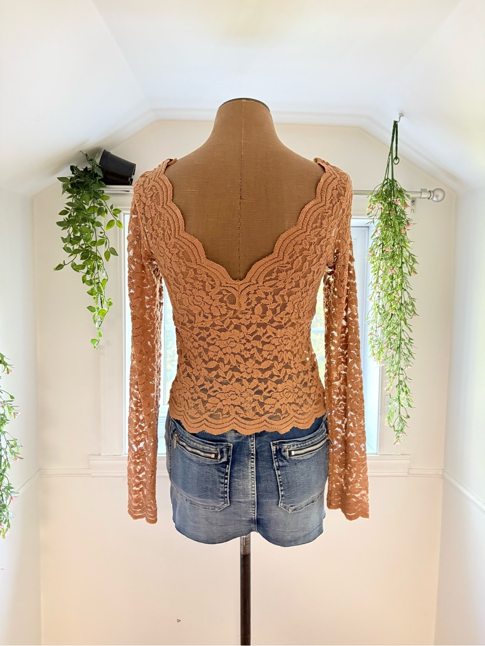Lace V-Neck Long Sleeve Top - Tan - Picture 3 of 5